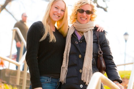 Emily Smith '17 and her mom, Madeline Green Smith ’87, make their way up the steps from Kirby Sports Center after lunch.