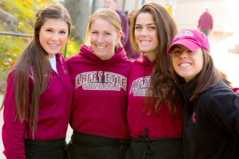 Kelly Lallis '15 (left-right), Amy Gebhardt '14, Allison Brown '16, and Victoria Vergona '15 head into Fisher Stadium.