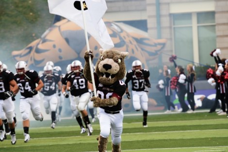 The Leopard leads the team onto the field. 
