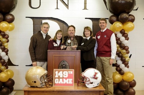 Joe Sterrett, dean of Lehigh Athletics; Lafayette President Alison Byerly; Mark Holtzman ’80, with the New York Yankees; Lehigh President Alice Gast; and Bruce McCutcheon, director of Lafayette Athletics at the Lafayette-Lehigh pregame brunch  Photo by Theo Anderson