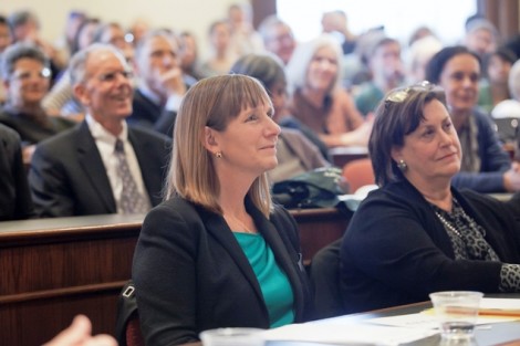 President Alison Byerly and Diane Shaw, director of Special Collections and College archivist, listen to Natasha Trethewey.