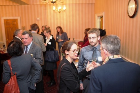 Students, faculty, alumni, and staff mingle during a reception for Natasha Trethewey.