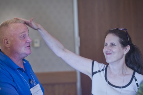 Dan Rockafellow '81, P'14 (left) and Janet Eidelstein '81, P'13, P'17 recall favorite stories during the reception.
