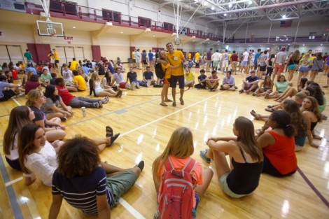 Orientation leaders  meet with their groups.