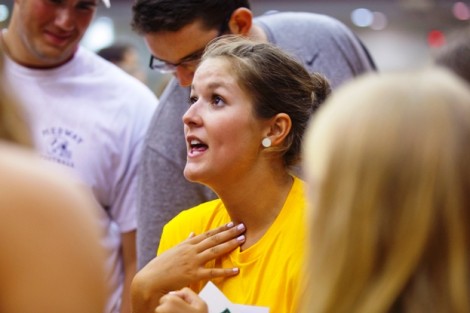 Orientation leader Erin Cincotta ’17 speaks with her students.
