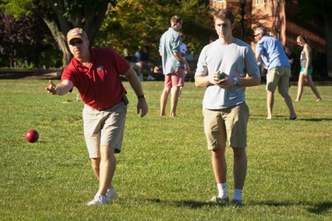 Students and parents play bocce during the Family Tailgate.