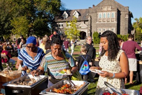 Families enjoy food on the Quad.