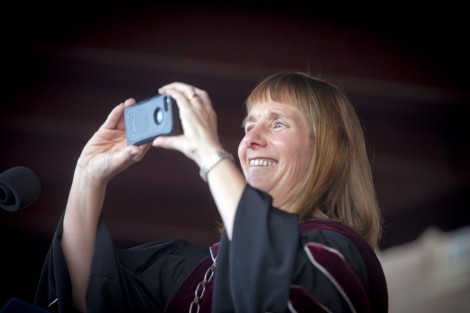 President Alison Byerly takes a photo of the class to post on Twitter.