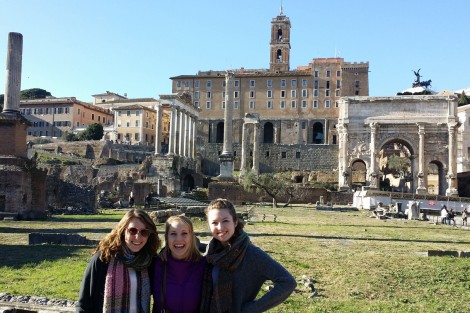 Amelia Ayers ’16, Kaitlin Worden ’16, and Olivia Jurewicz ’15 at the Trajan's Forum in Rome