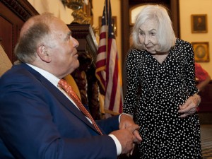Marciene Mattleman meets with former Philadelphia Mayor Ed Rendell during a ceremony honoring her 50 years of work in education. Photo courtesy of Michael Pronzato, Philadelphia Inquirer.