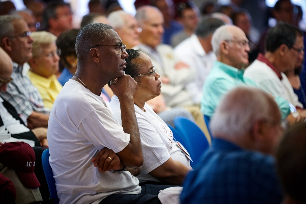 Andre ’76 and Winona McDaniel listen to President Byerly's talk. 