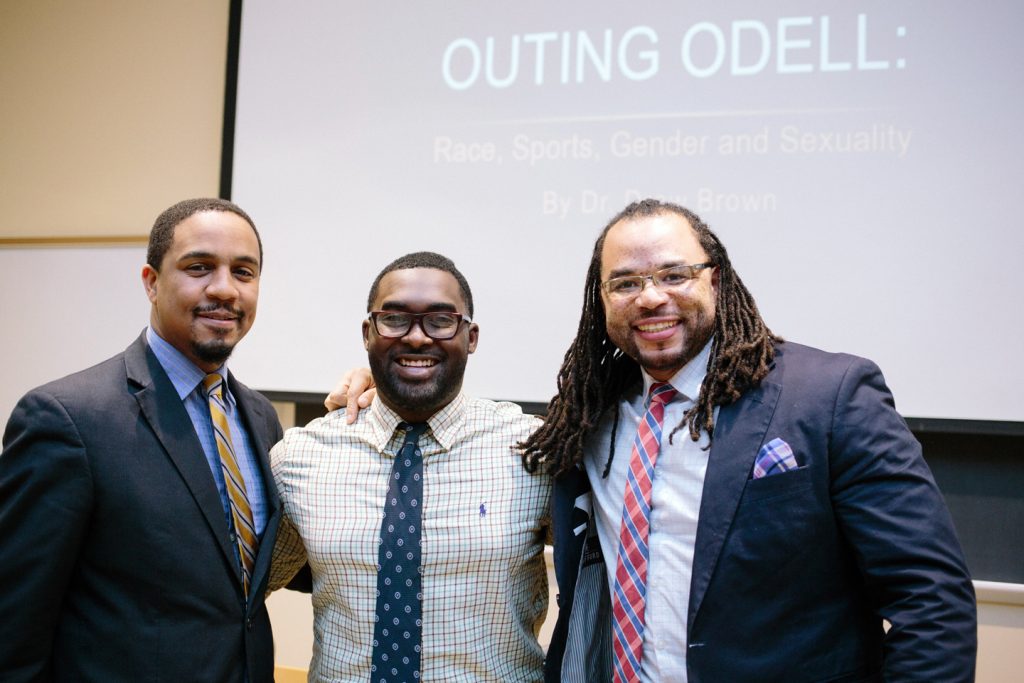 Drew Brown '06, right, at his talk on campus. 