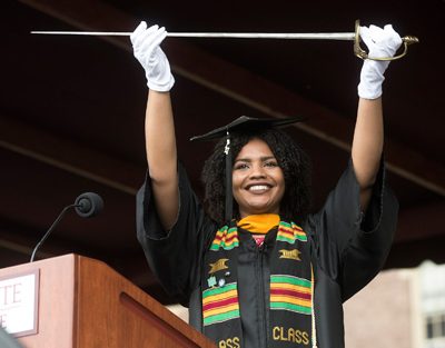 Valerie Melson 17 presents the sword of the Marquis de Lafayette to the Class of 2017.