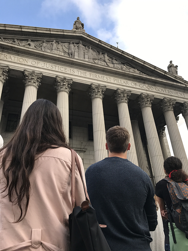 The class looks at classical architecture in Foley Square, New York City.