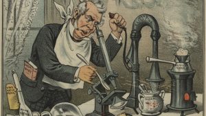 Cartoon of a man examining his food in great detail before he eats