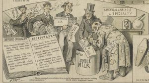 1884 cartoon of men paying a chemist to allow altered food items to be approved