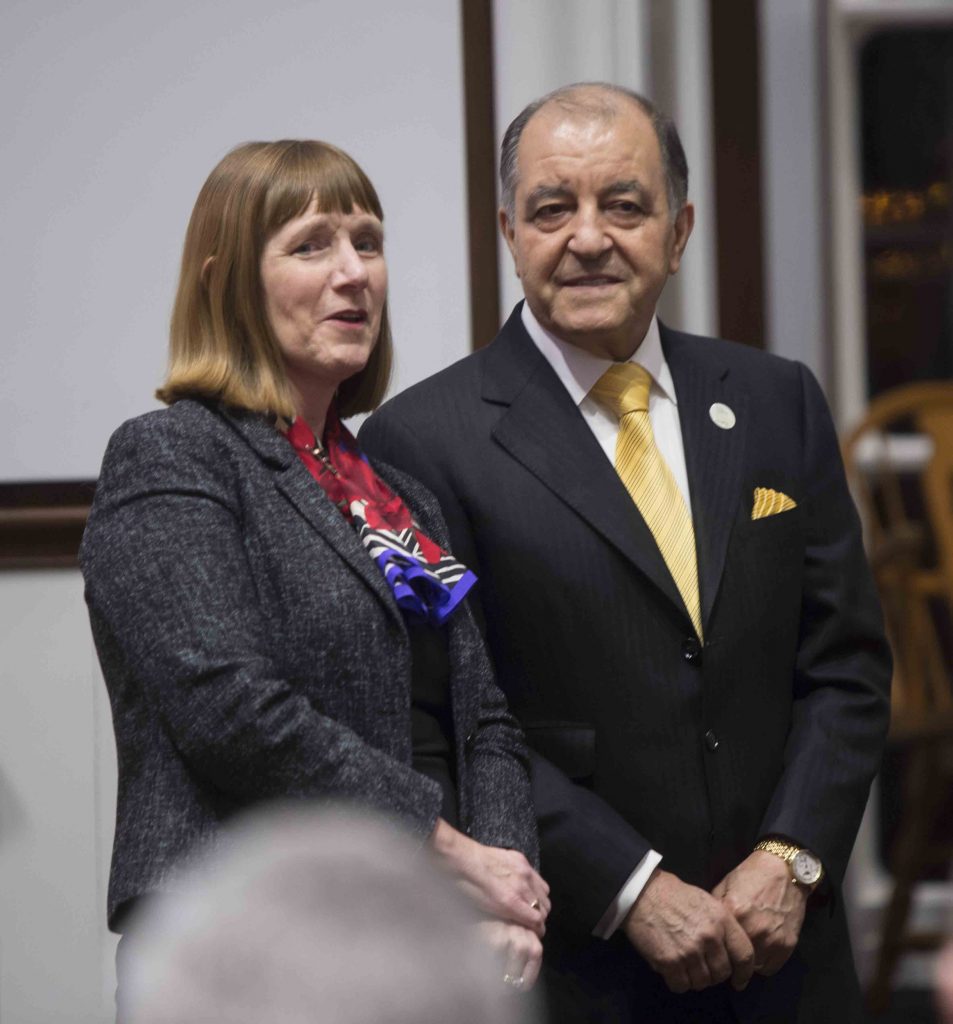 Lafayette President Alison Byerly and Air Products CEO Seifi Ghesami stand together.