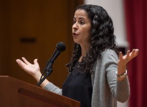 Laila Lalami, author of this year's Community Reading, Hope and Other Dangerous Pursuits, speaks at Colton Chapel.