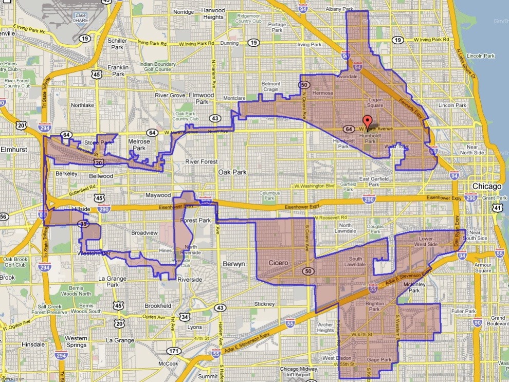 A map of the fourth district of Illinois