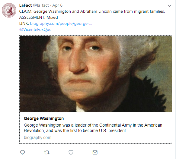 A tweet fact checking about Abraham Lincoln and George Washington being from migrant families