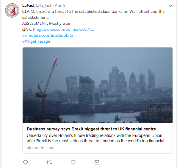 A tweet fact checking a claim about Brexit.