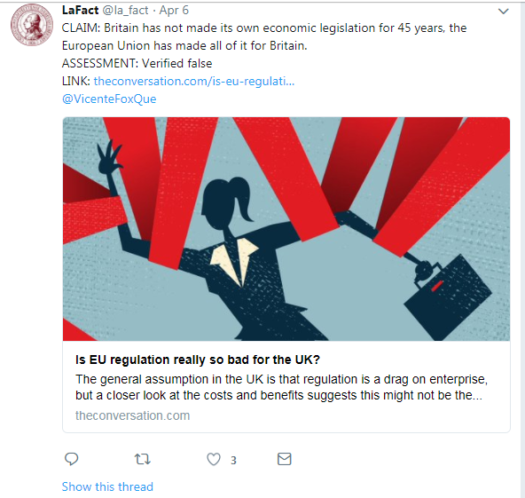 A tweet fact checking about Britain making economic legislation