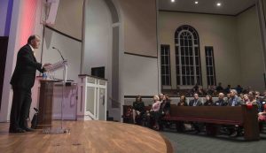 Seifi Ghasemi, Chairman, President and Chief Executive Officer of Air Products, speaks during the President's Entrepreneurship Lecture Series at Colton Chapel.