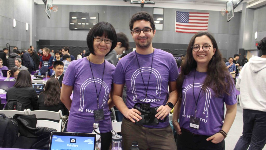 Computer science majors Danhui Zhang ’18, Wassim Gharbi '92, Rabia Demirelli ’21 at the HackNYU hackathon