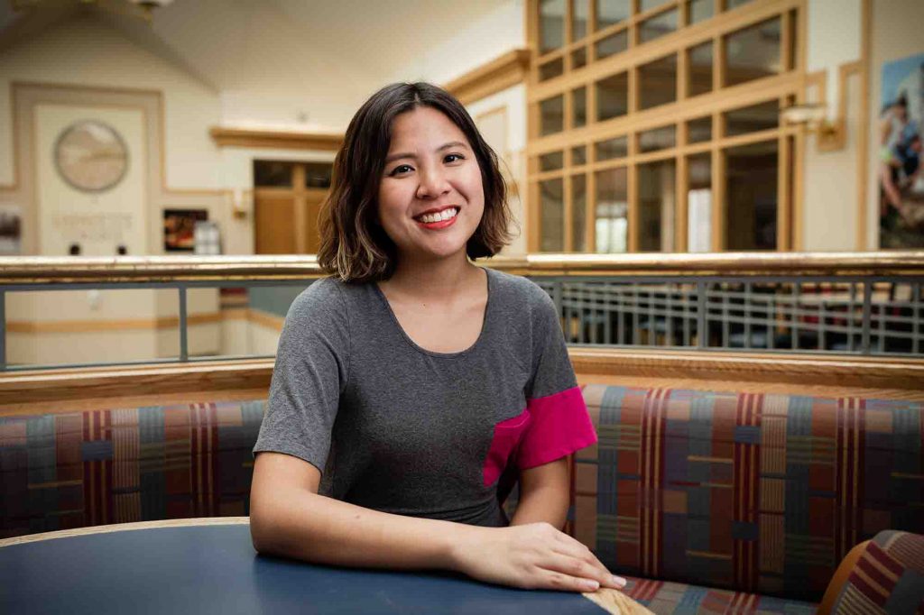 Rebecca Wai '18 sits in the Farinon Center.