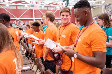 New students sing the alma mater at Convocation.