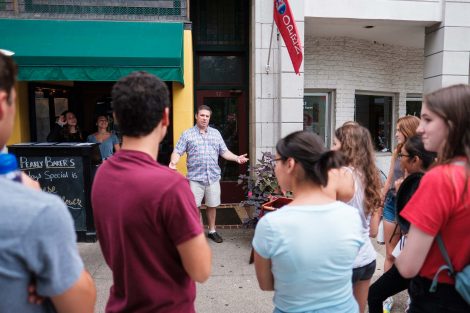 Students in the Class of 2022 take a tour of downtown Easton guided by their orientation leaders.