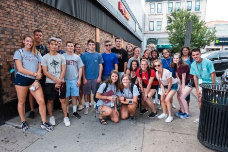 Students in the Class of 2022 take a tour of downtown Easton guided by their orientation leaders.