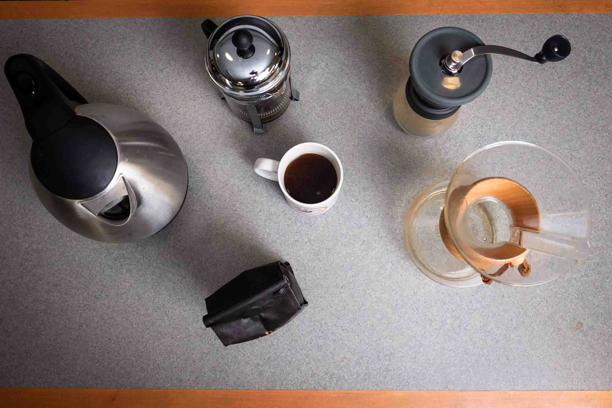 Various coffee-related items on a table