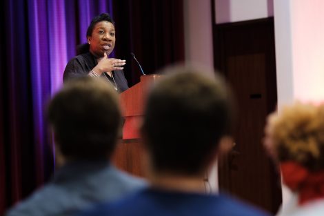 Me Too movement founder Tarana Burke speaks to a packed Colton Chapel audience.