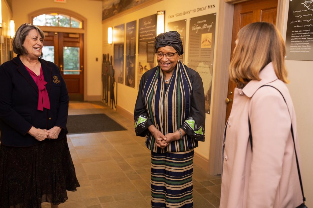 College Archivist Diane Shaw, former Liberia President Ellen Johnson Sirleaf, and Lafayette President Alison Byerly