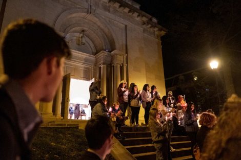 Lafayette students gather for a candlelight vigil outside Colton Chapel at the annual Take Back the Night.