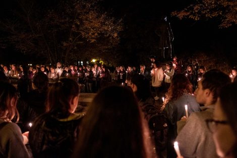 Lafayette students gather for a candlelight vigil outside Colton Chapel at the annual Take Back the Night.