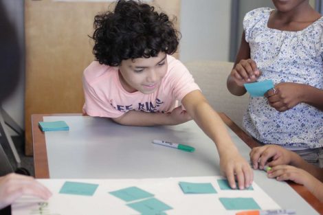 School children write on Post-It Notes during the class section led by Lafayette's Happiness First-Year Seminar.