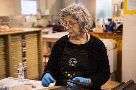 MaryAnn Miller works on art at Lafayette College's Experimental Printmaking Institute