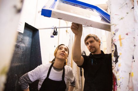 Two artists work at Lafayette College's Experimental Printmaking Institute.