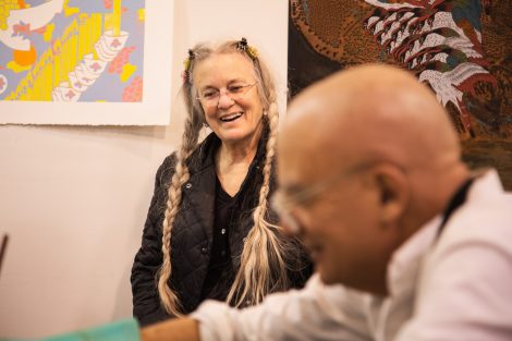 Poet Sharon Olds and printmaker Sam Messer work together Lafayette College's Experimental Printmaking Institute.