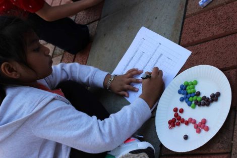 A Cheston Elementary School third-grader graphs the results of the math project using Skittles during the Center for Community Engagement program hosted by Lafayette College.
