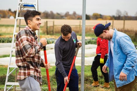 Members of Phi Psi fraternity help with the building of a hoop house, a 22-by-21-foot structure that will help LaFarm extend its growing season earlier in spring and later in fall.