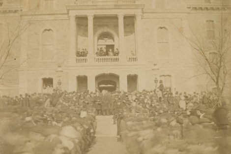 Rutherford B. Hayes attends the rededication of Pardee Hall in 1880 after it was destroyed by fire the previous year.