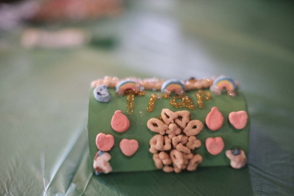 A finished leprechaun trap covered in Lucky Charms cereal