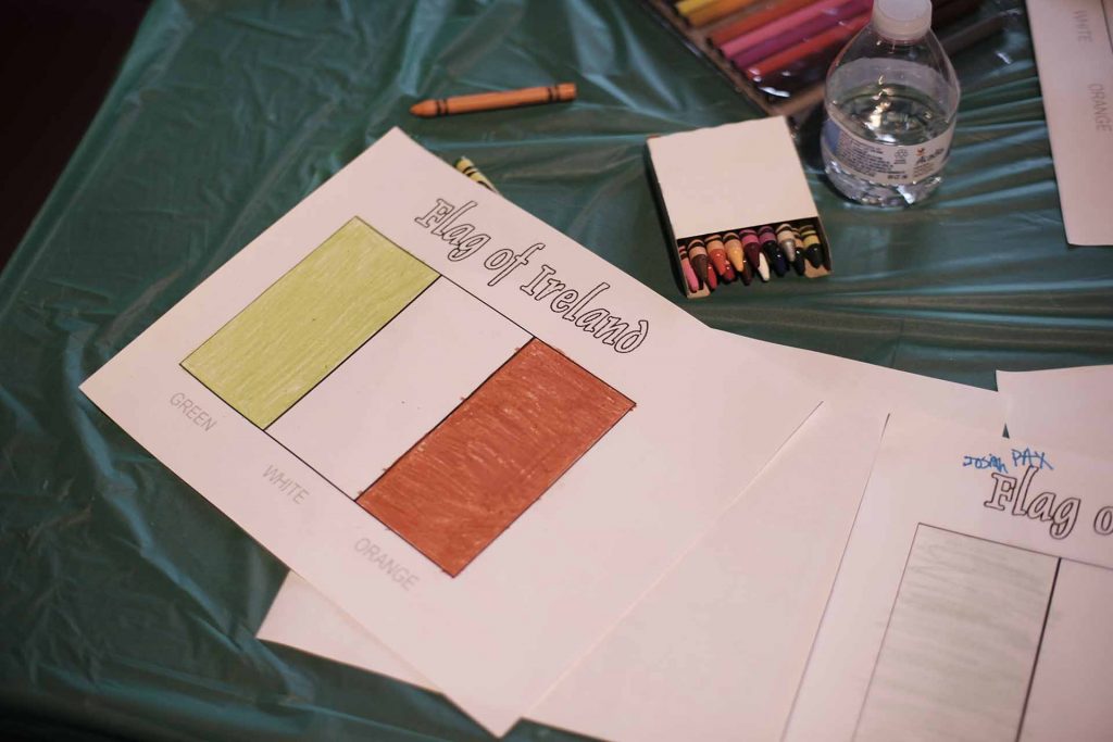 An Irish flag that was colored in by a student