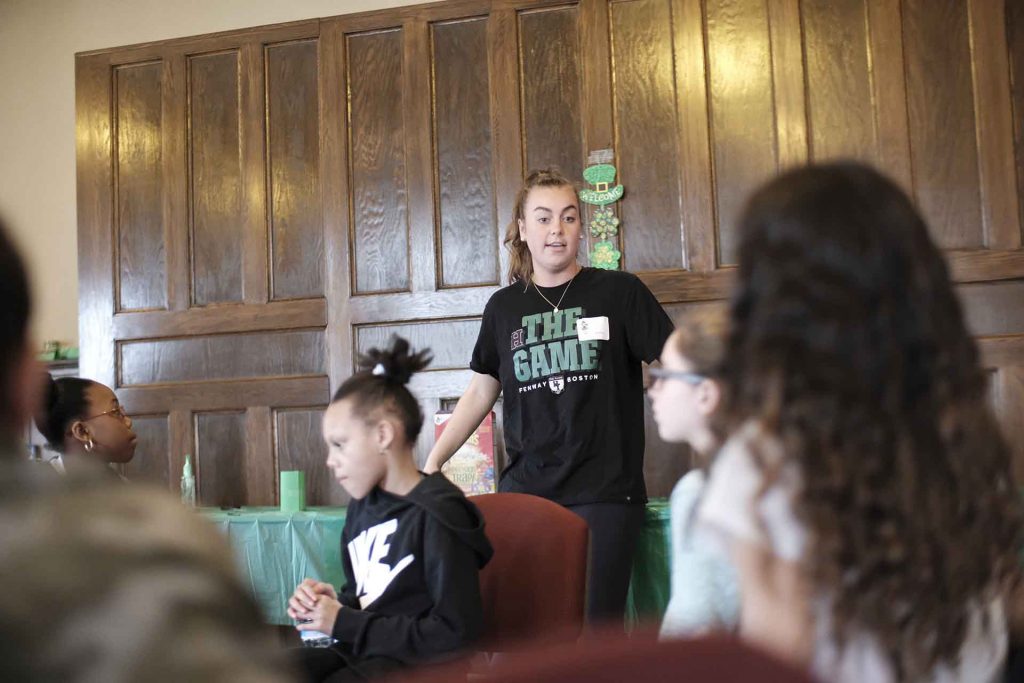 A former Easton school student and current Lafayette student speaks to the kids.