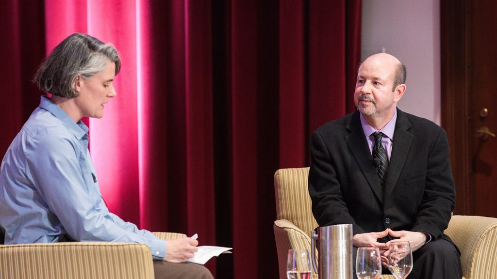 Prof Kira Lawrence discusses climate change with Jones lecturer Michael Mann.
