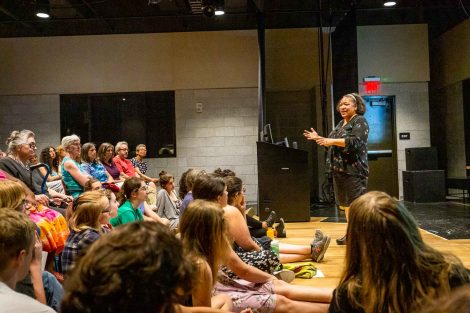 Chawne Kimber, professor of mathematics, talks about her quilts in a lecture.