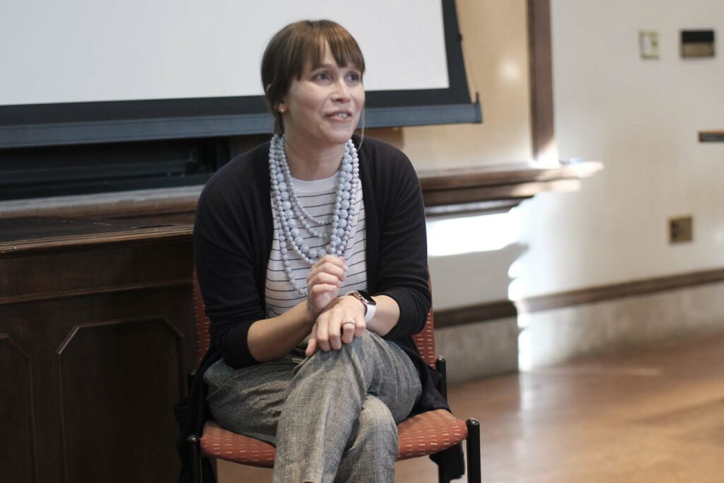 Kate Hope Day discusses writing with faculty, students, and guests in Kirby Hall of Civil Rights